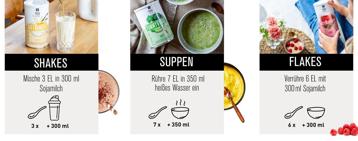 Shakes, Suppen und Flakes mit ihren Zubereitungsangaben aus dem Booklet