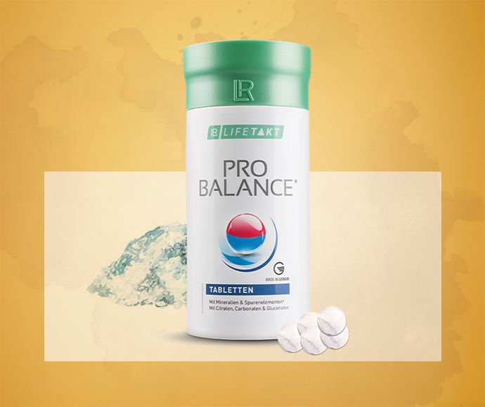 A tub of Pro Balance tablets against a yellow background