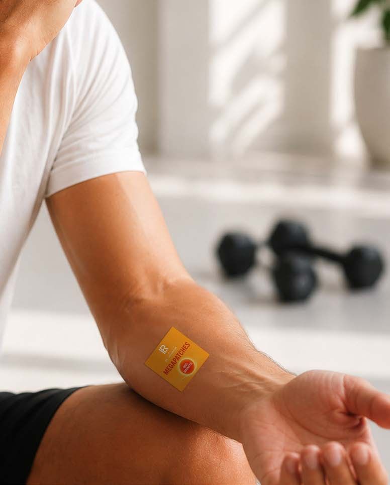 An orange patch on a man's forearm in a gym