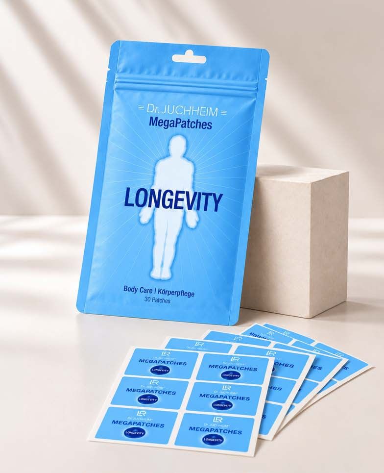Blue Mega Patches Longevity pouch with carrier sheets full of patches