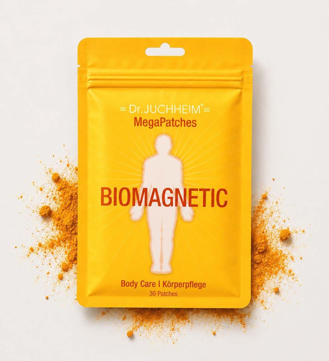 Yellow-orange Mega Patches Biomagnetic pouch, next to it turmeric powder