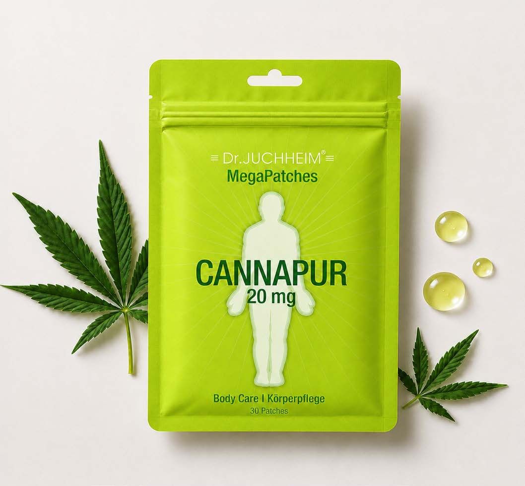 Green Mega Patches Cannapur pouch, next to it hemp leaves and drops of oil