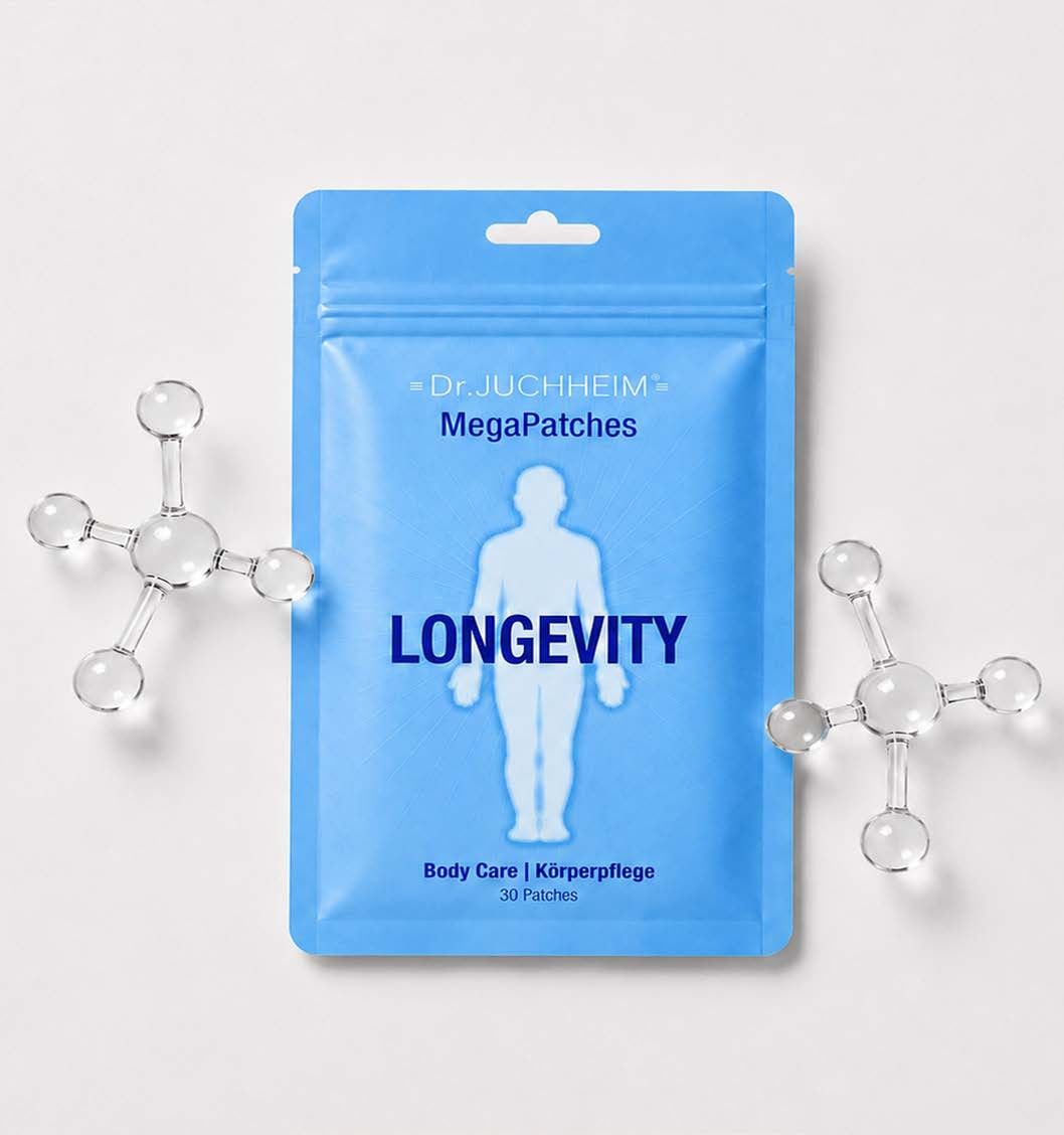 Blue Mega Patches Longevity pouch between glass molecular models