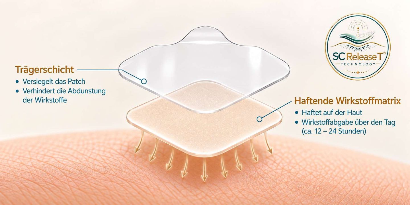 Diagram of a Mega Patch on the skin: the backing layer on top, the adhesive active ingredient matrix beneath it
